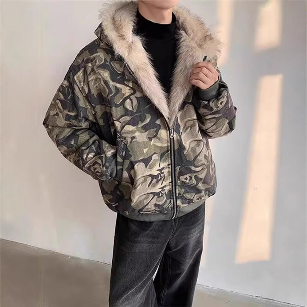 Unleash Your Style with the Retro Washed Camouflage Hooded Fur Coat