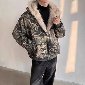 Unleash Your Style with the Retro Washed Camouflage Hooded Fur Coat